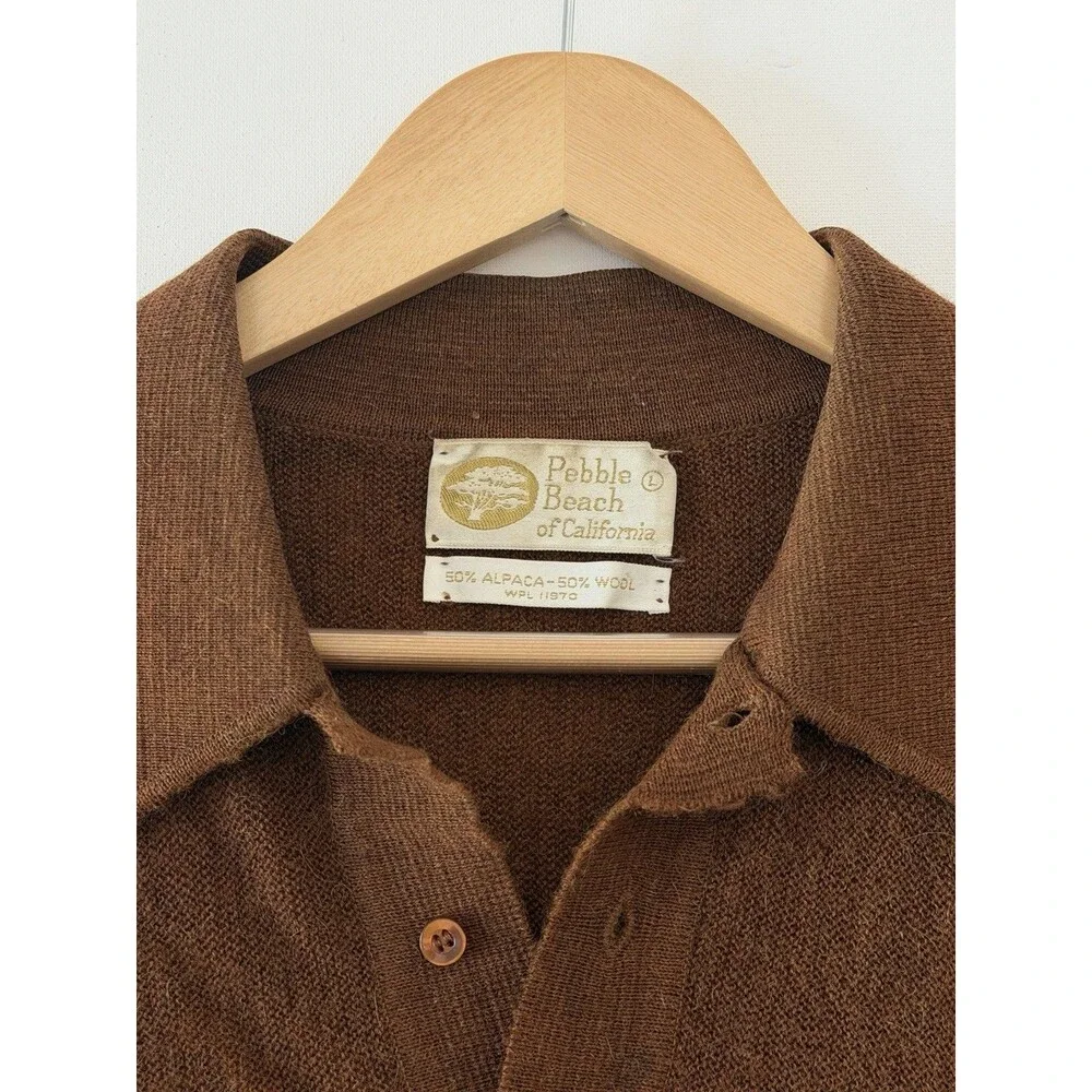 Pebble Beach Polo Sweater Mens Large Brown Alpaca Wool Blend Long Sleeve Vintage